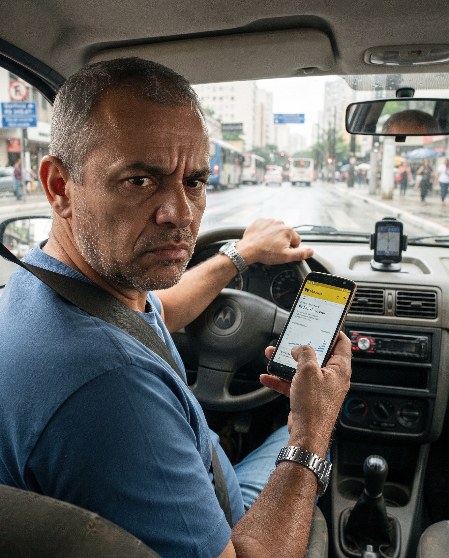 Motorista de aplicativo dentro do carro, com expressão preocupada, olhando o celular para conferir o saldo