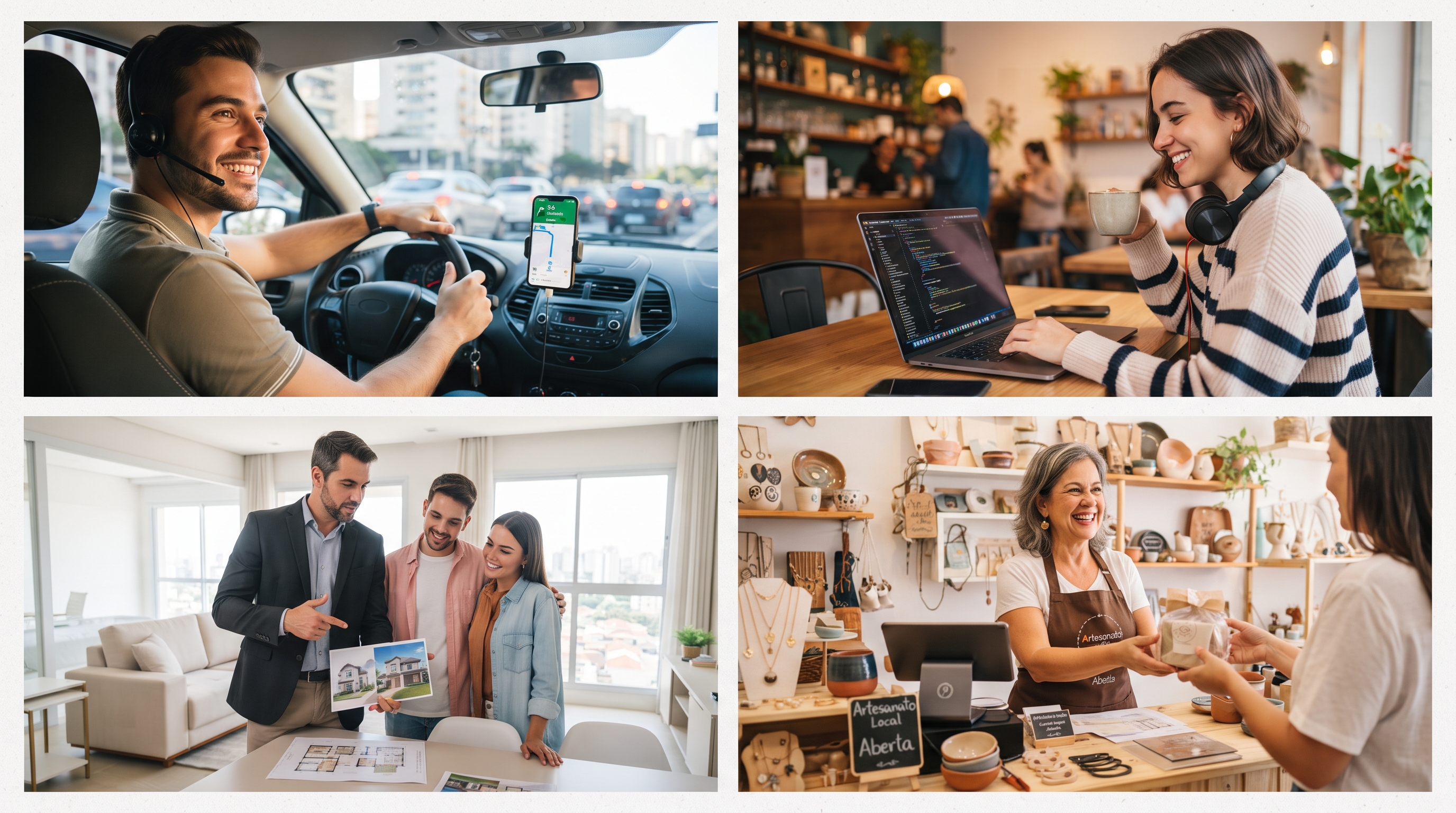 Quatro perfis de quem tem renda variável: motorista de aplicativo, freelancer em um café, corretor de imóveis com clientes e artesã atendendo em sua loja